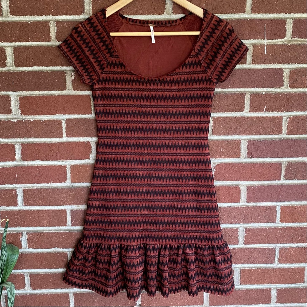 Free People Burgundy & Black Drop Waist Dress w/ Pleated Hem Size S